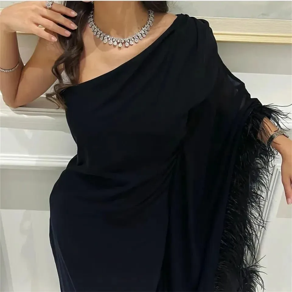 Handmade Gorgeous Feathers Prom Dresses Black Luxury Evening Dress Mermaid Elegant Ladies Party Dinner 3XL 070569608