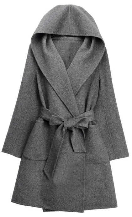 Hooded Cashmere & Wool Wrap Coat in Black or Grey