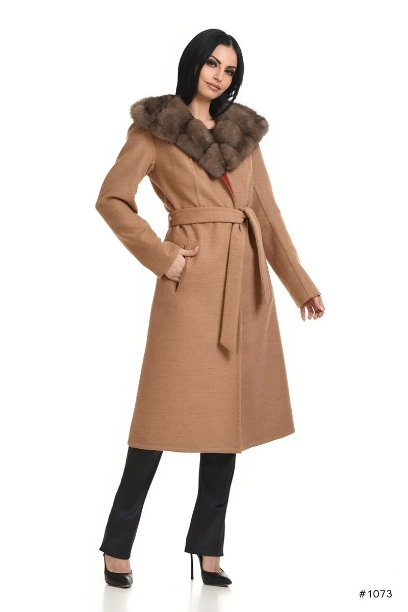 Hooded Loro Piana cashmere coat with sable