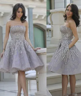 Hot Selling Strapless Knee-Length Lavender Organza Homecoming Dresses With Beading Sash Pockets, Short Lace Prom Dresses