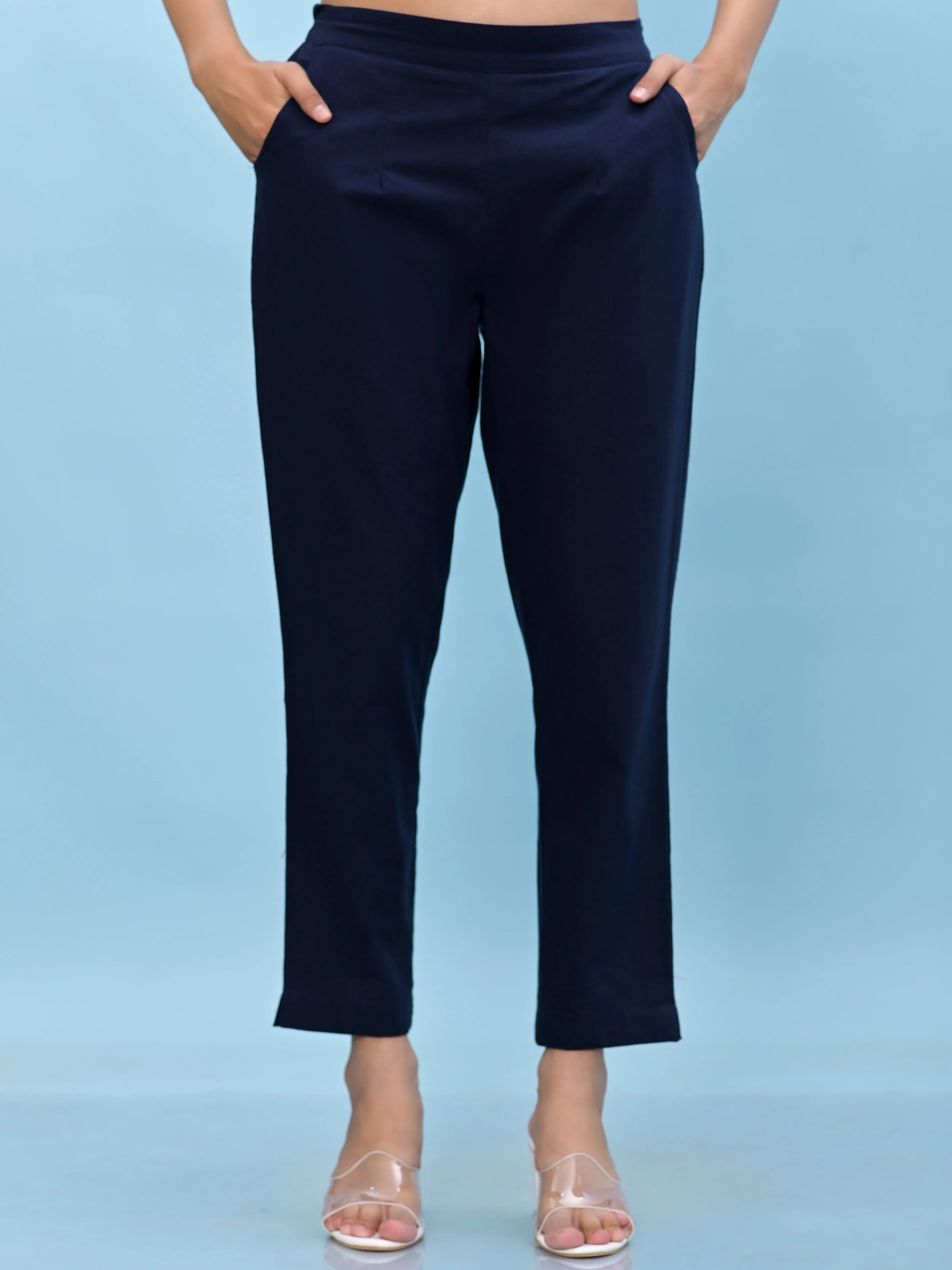 Jashvi Women Navy Blue Solid Cotton Pants with Partially Elasticated Waistband and Two Side Pockets