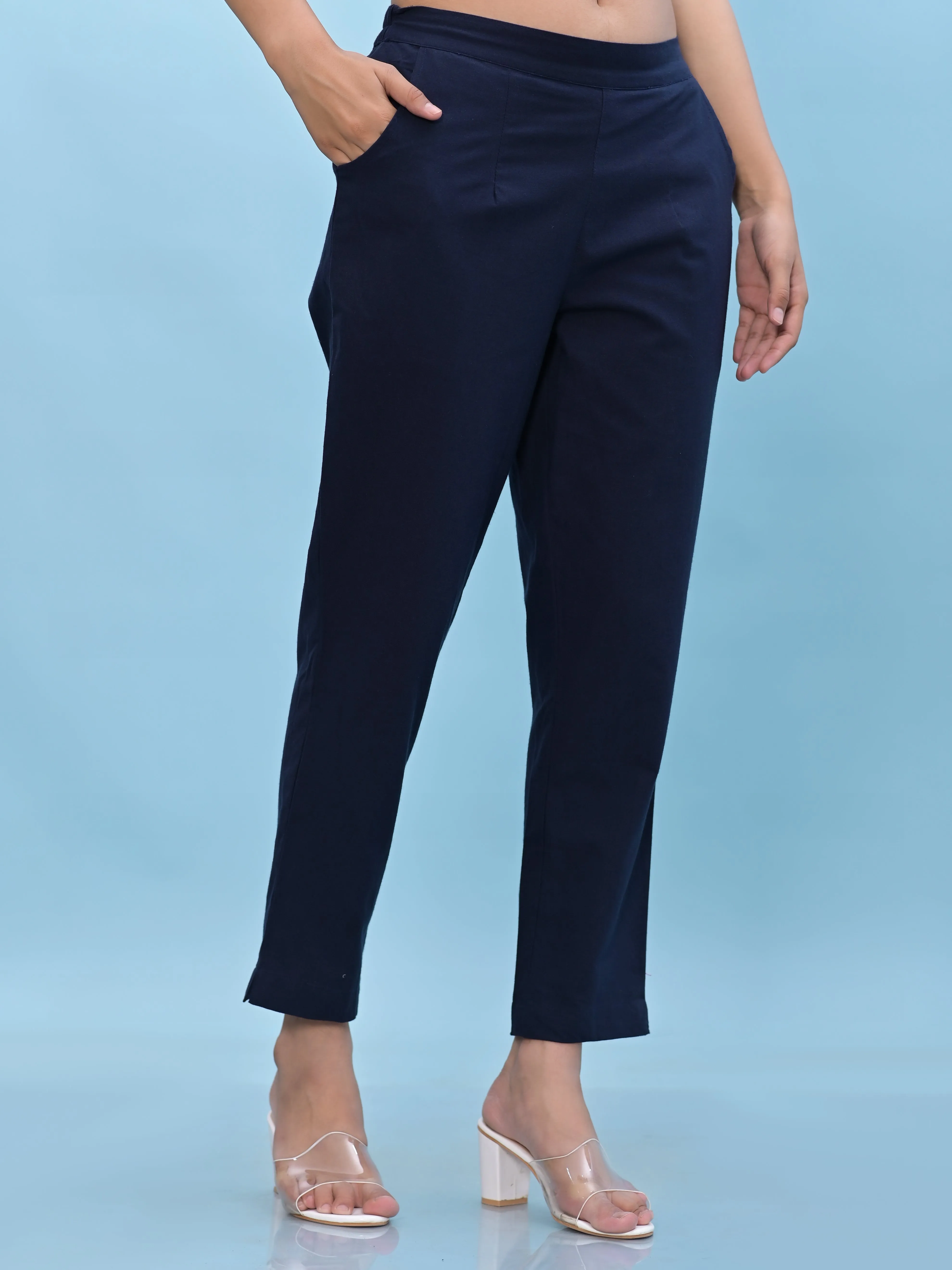 Jashvi Women Navy Blue Solid Cotton Pants with Partially Elasticated Waistband and Two Side Pockets