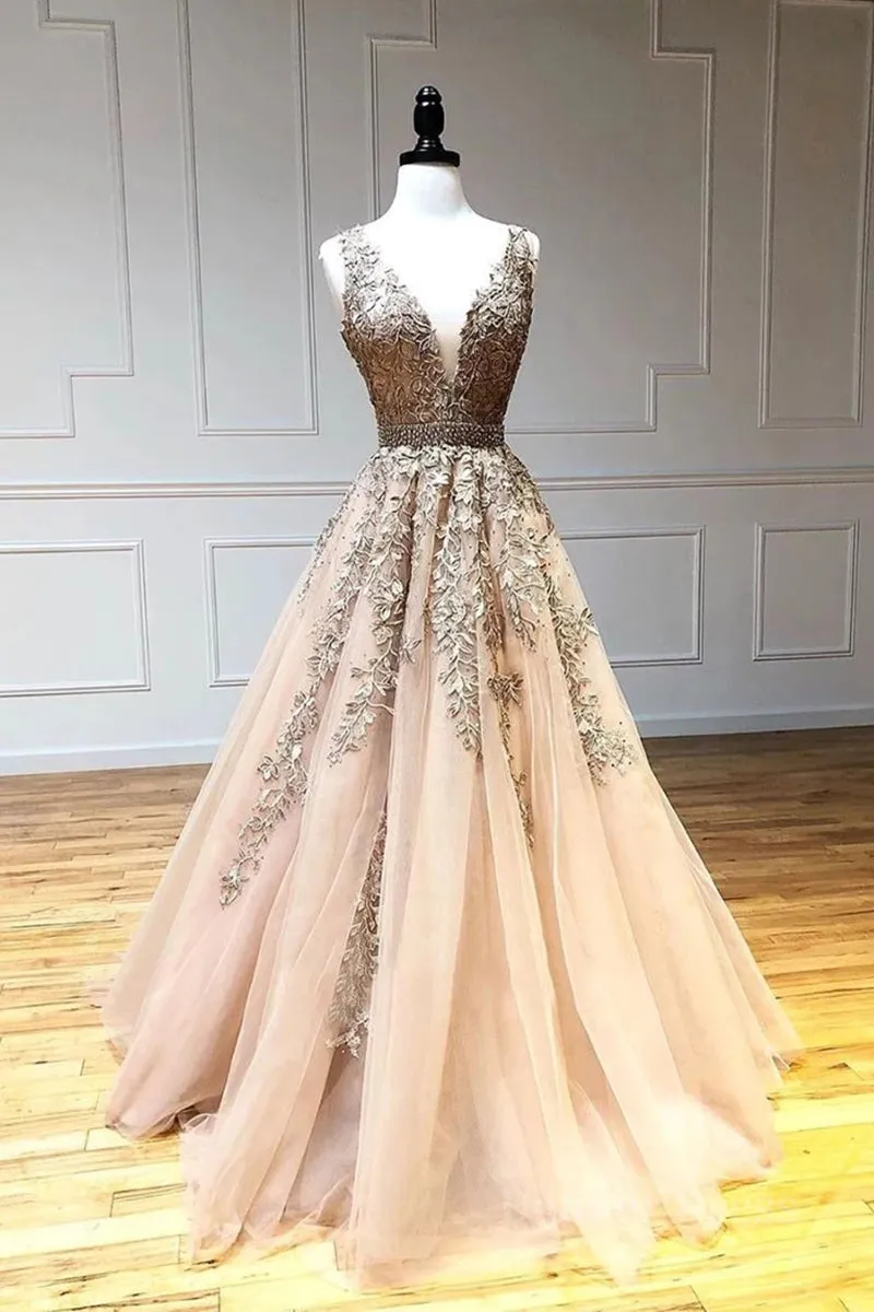 kamahe A Line V Neck Lace Champagne Tulle Long Prom Dress, V Neck Lace Champagne Formal Dress, Champagne Lace Evening Dress