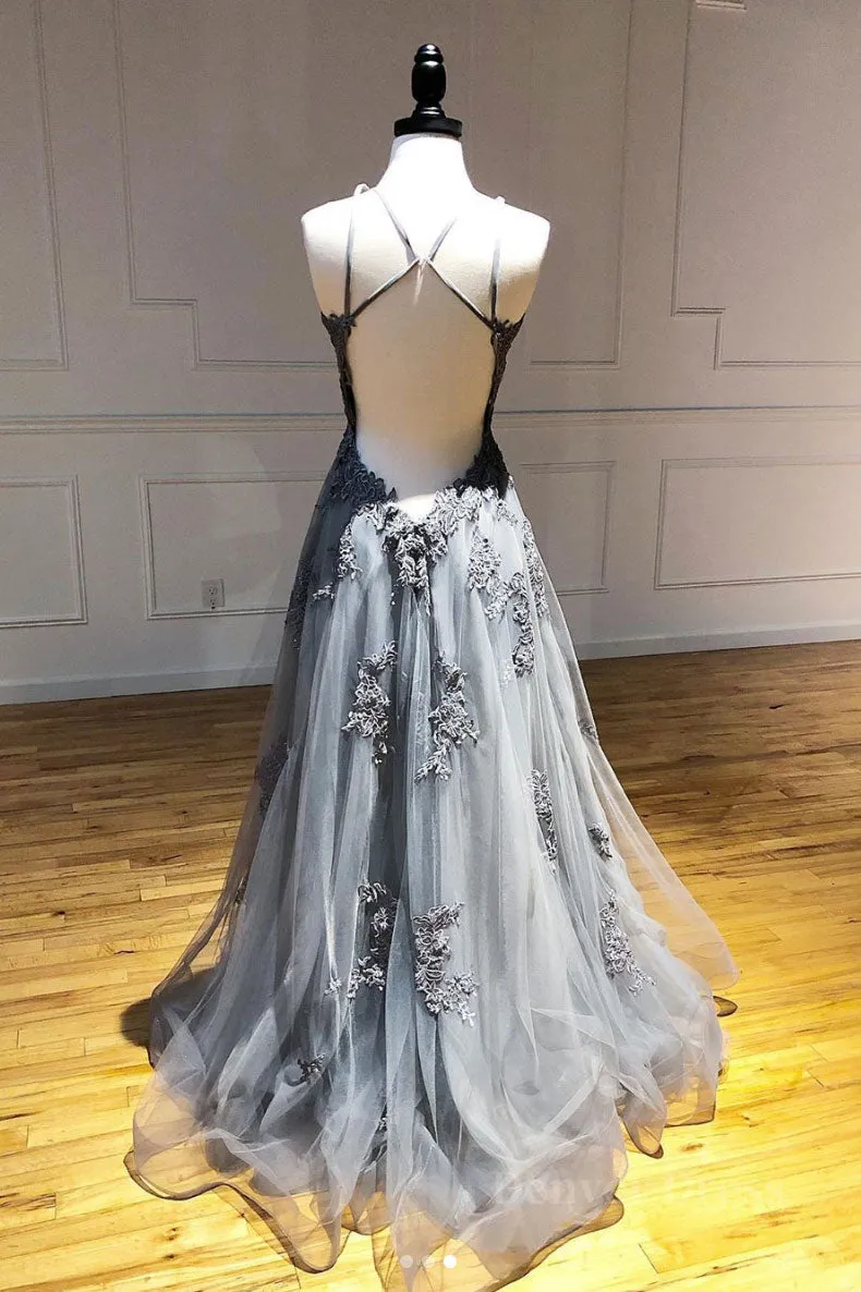 kamahe Gray tulle lace long prom dress gray tulle lace formal dress