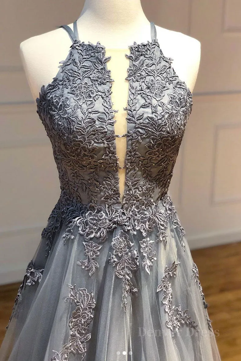 kamahe Gray tulle lace long prom dress gray tulle lace formal dress