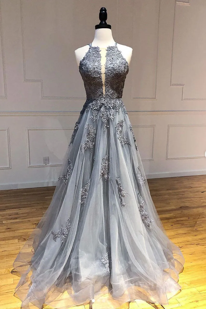 kamahe Gray tulle lace long prom dress gray tulle lace formal dress