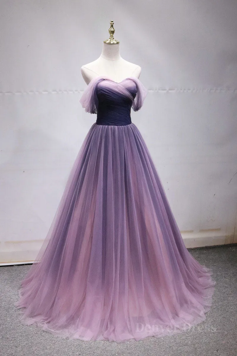 kamahe Simple off shoulder tulle long prom dress, tulle formal dress