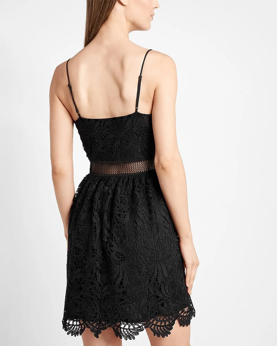 Lace V-Neck Fit And Flare Mini Dress in Pitch Black