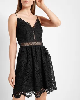 Lace V-Neck Fit And Flare Mini Dress in Pitch Black