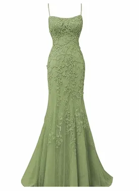 Lovely Sage Green Straps Mermaid Long Formal Dress, Lace-up Evening Dress Prom Dress