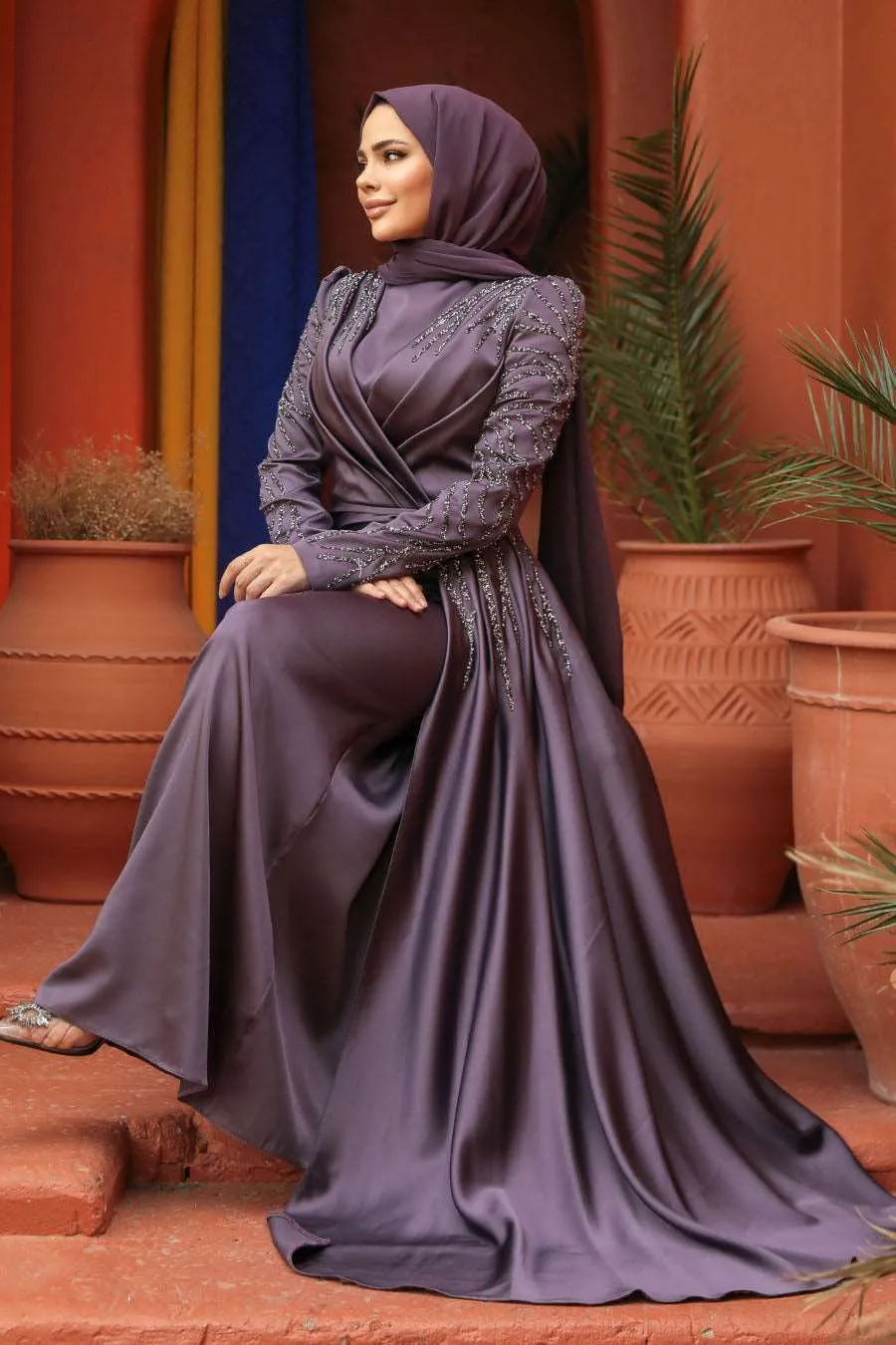 Mahal Sparkling Long Evening Dress Abaya - Sliver