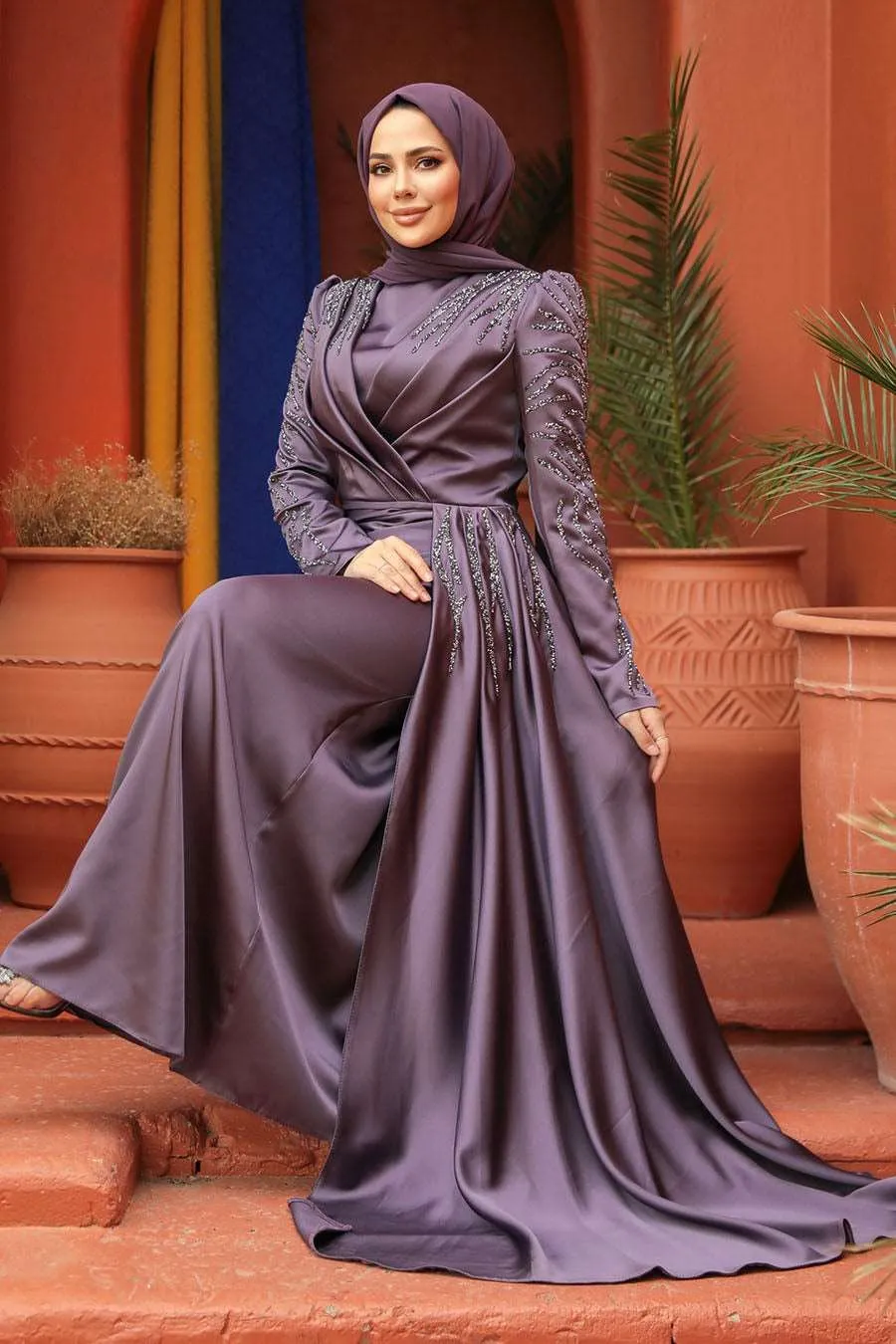 Mahal Sparkling Long Evening Dress Abaya - Sliver