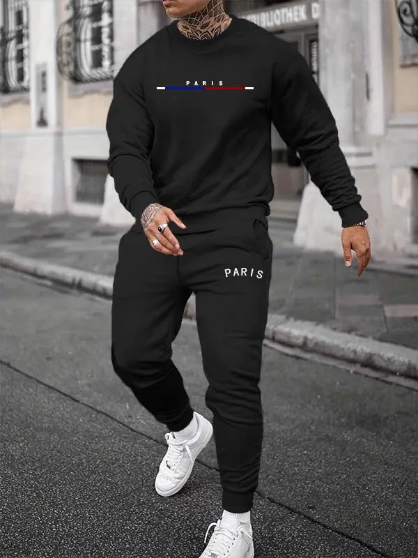 Men's "PARIS" letter print fleece casual sports set