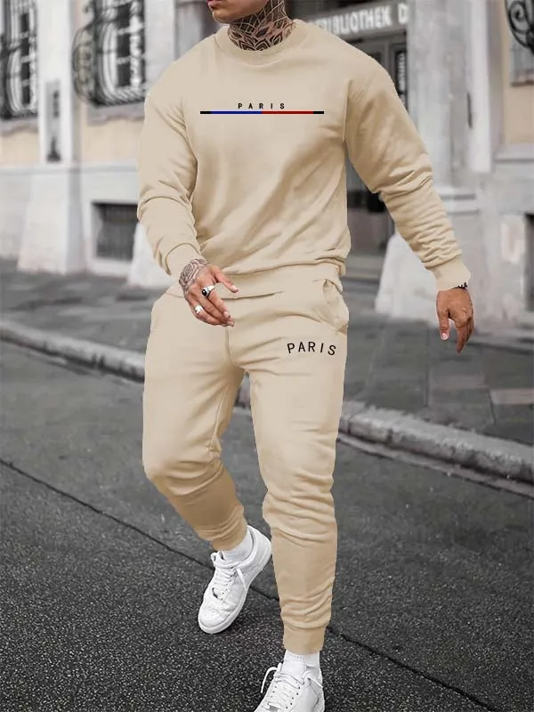 Men's "PARIS" letter print fleece casual sports set