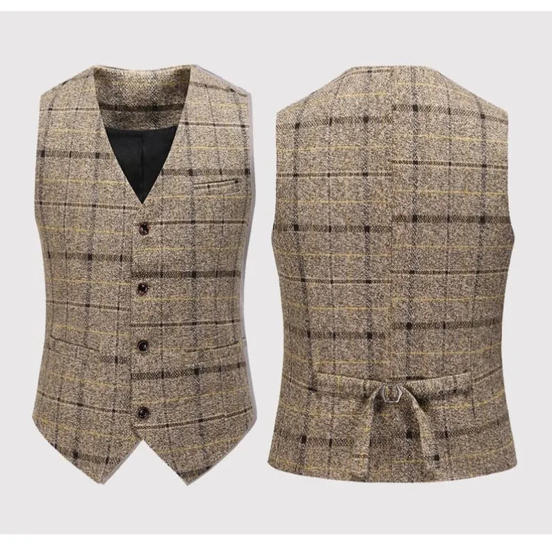 Men's Three-piece Slim-fitting English Style Checked Suit in Plaid Tweed