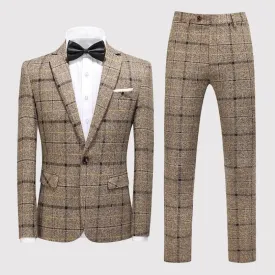 Men's Three-piece Slim-fitting English Style Checked Suit in Plaid Tweed