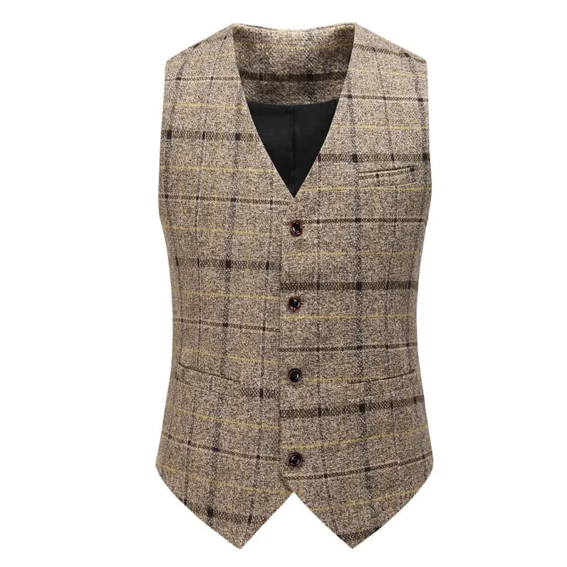 Men's Three-piece Slim-fitting English Style Checked Suit in Plaid Tweed