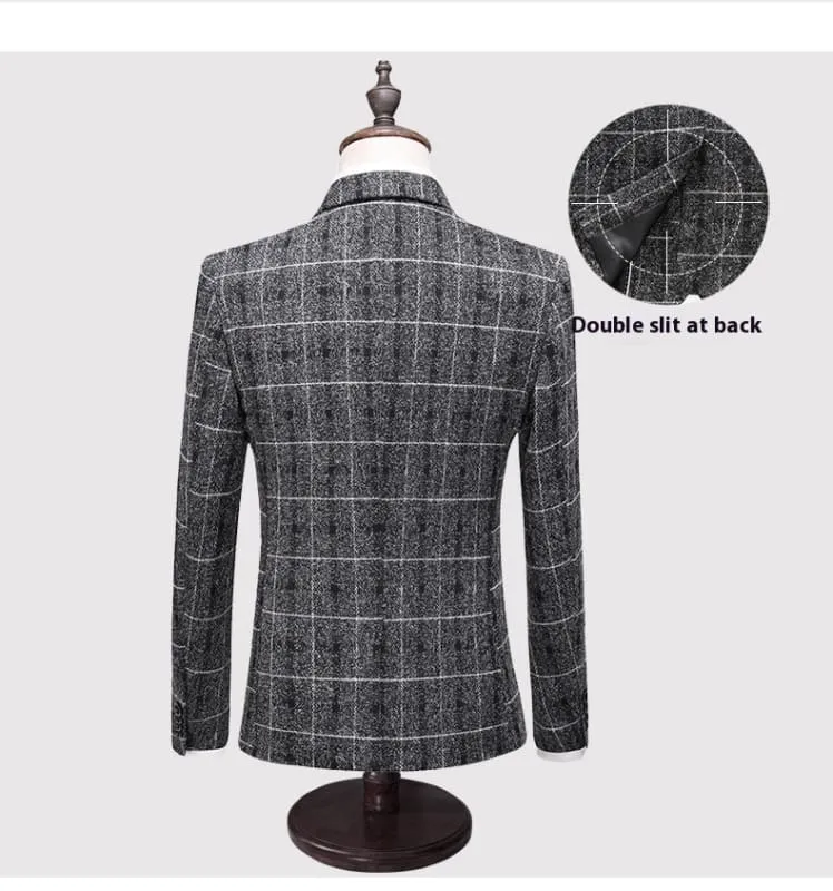 Men's Three-piece Slim-fitting English Style Checked Suit in Plaid Tweed