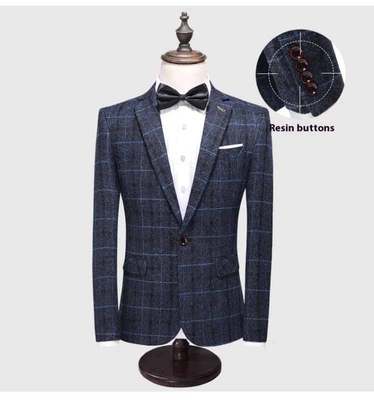 Men's Three-piece Slim-fitting English Style Checked Suit in Plaid Tweed