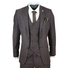 Mens Wool 3 Piece Suit Double Breasted Waistcoat Brown Tweed 1920s