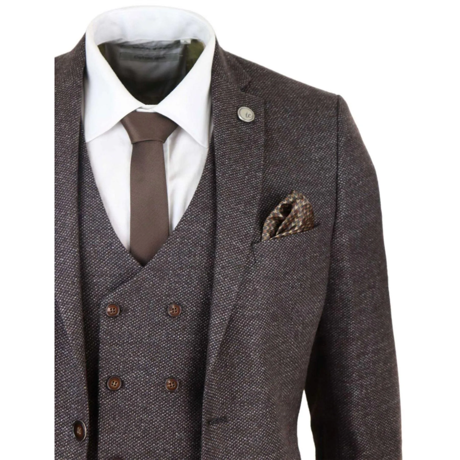 Mens Wool 3 Piece Suit Double Breasted Waistcoat Brown Tweed 1920s