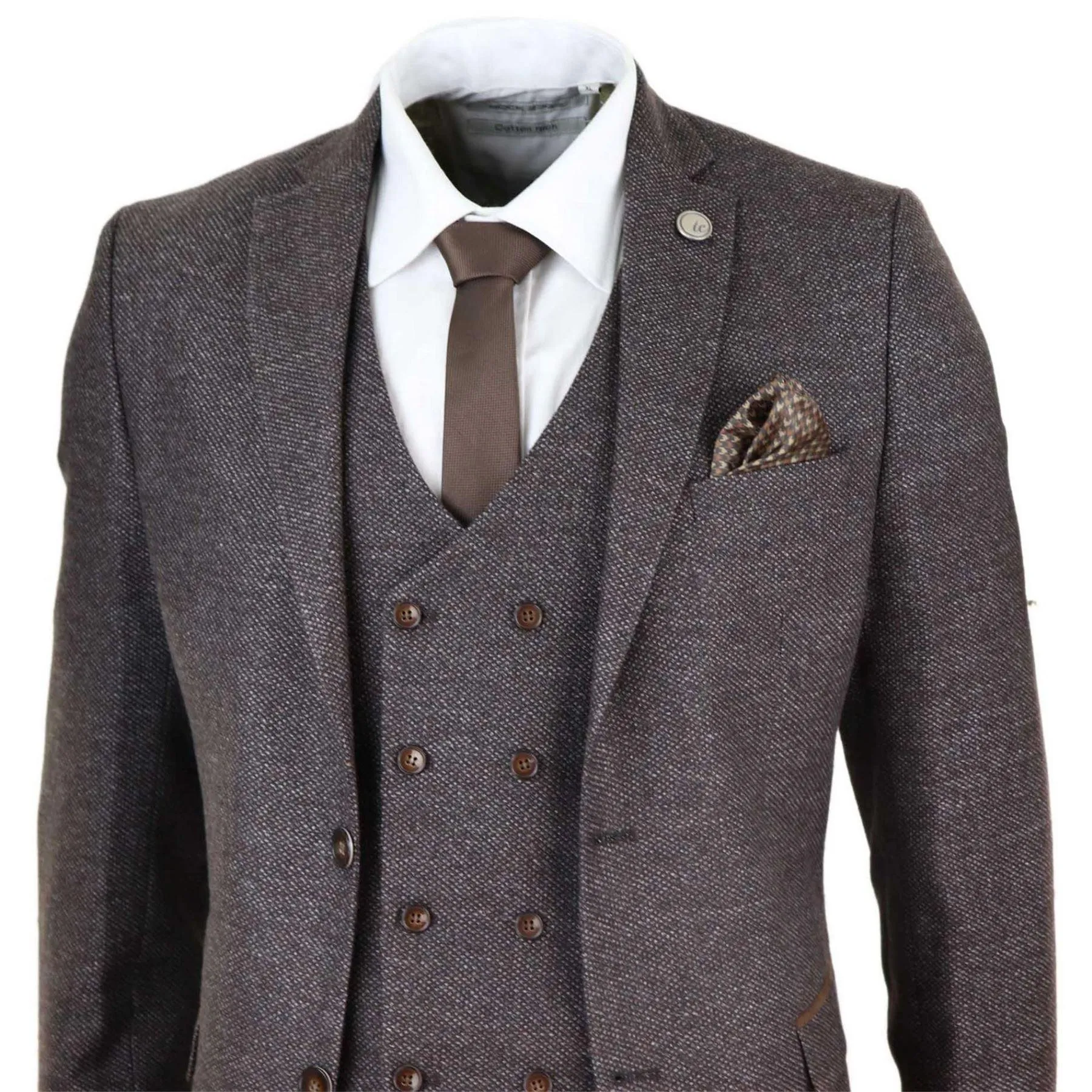 Mens Wool 3 Piece Suit Double Breasted Waistcoat Brown Tweed 1920s