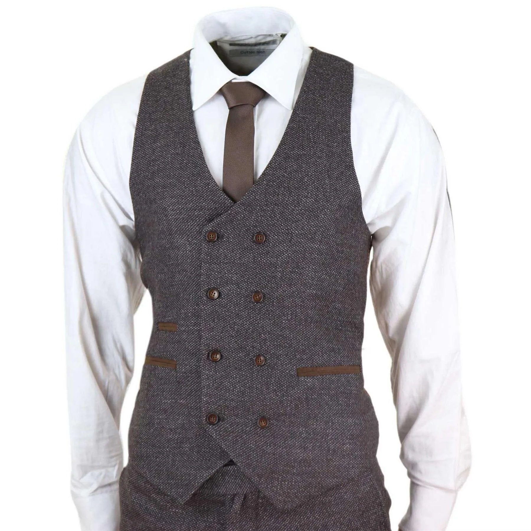 Mens Wool 3 Piece Suit Double Breasted Waistcoat Brown Tweed 1920s