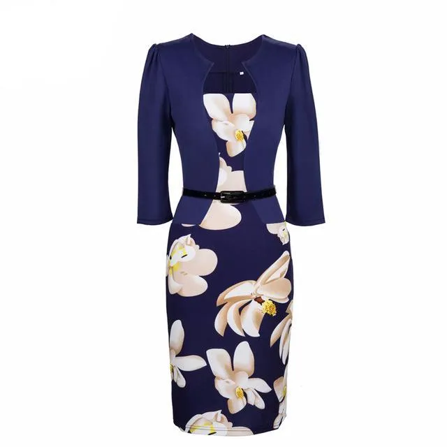 One Piece Floral Printed Elegant Business Formal Work Dress