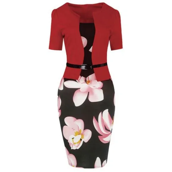 One Piece Floral Printed Elegant Business Formal Work Dress