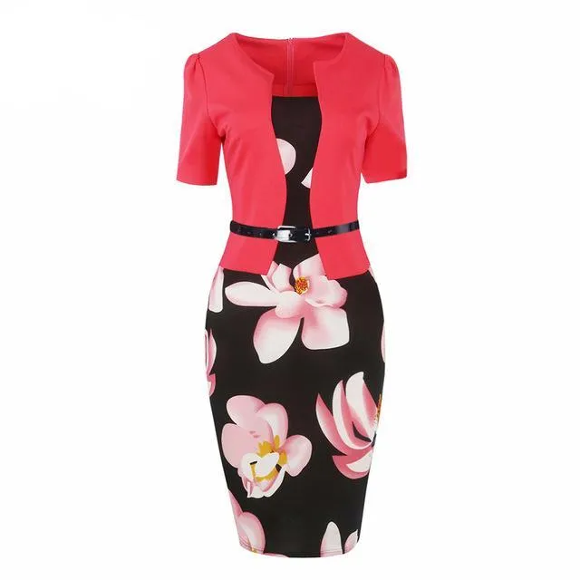 One Piece Floral Printed Elegant Business Formal Work Dress