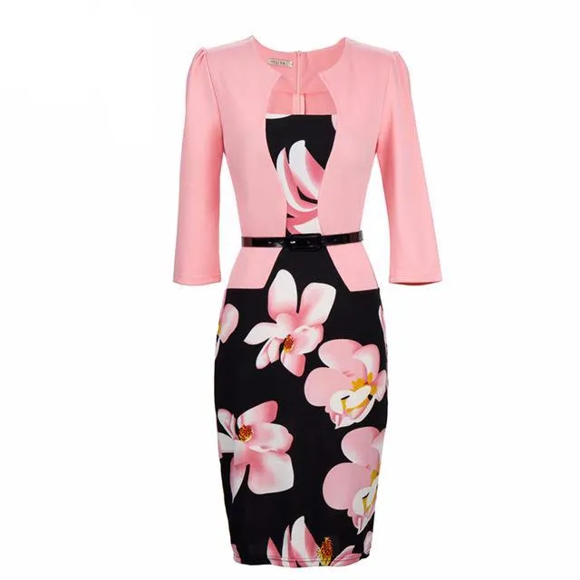 One Piece Floral Printed Elegant Business Formal Work Dress