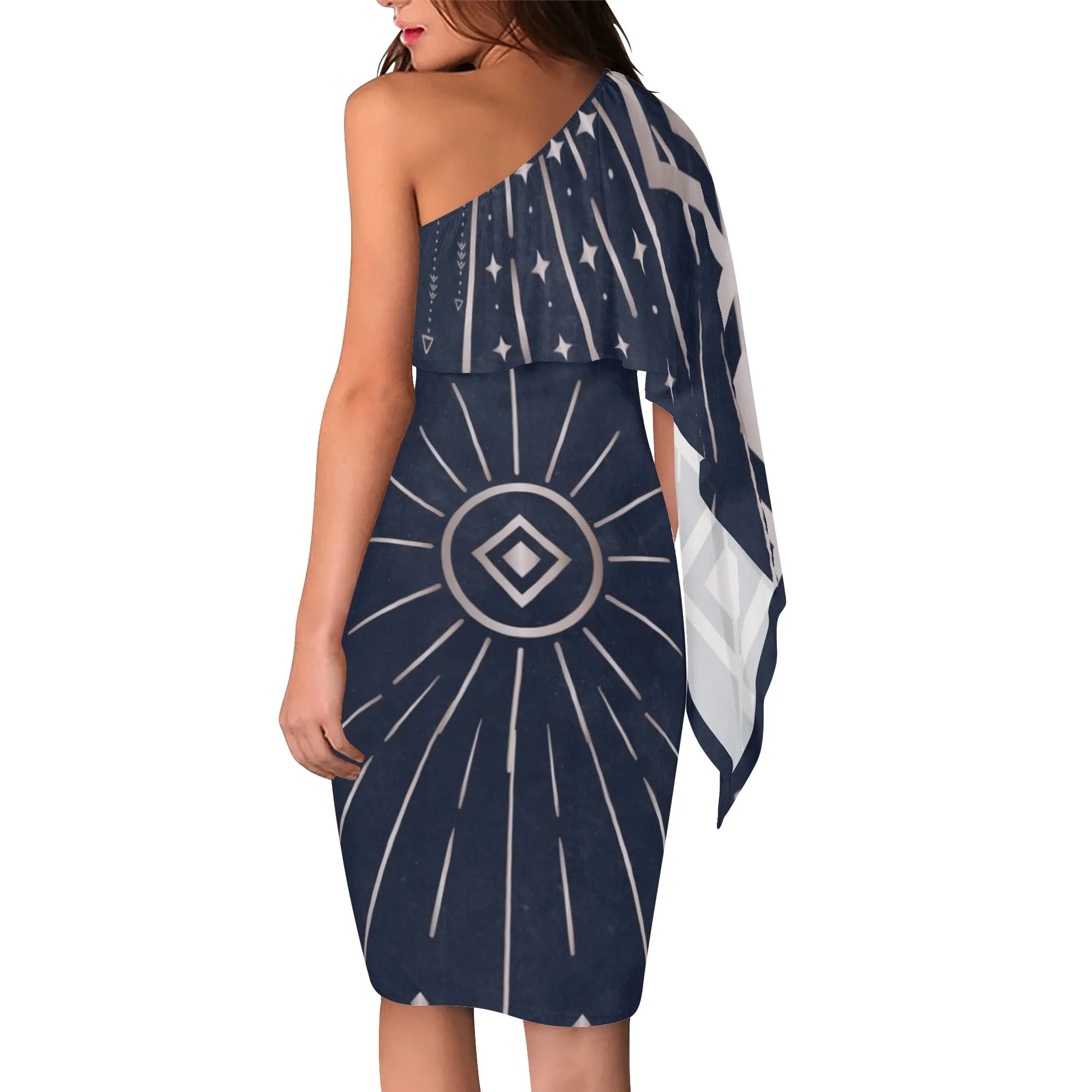 One-Shoulder Midi Dress| Knee Length | Bodycon | Sheath dress | Petite to Plus size | Cocktail or Wedding Guest-Midnight Occult