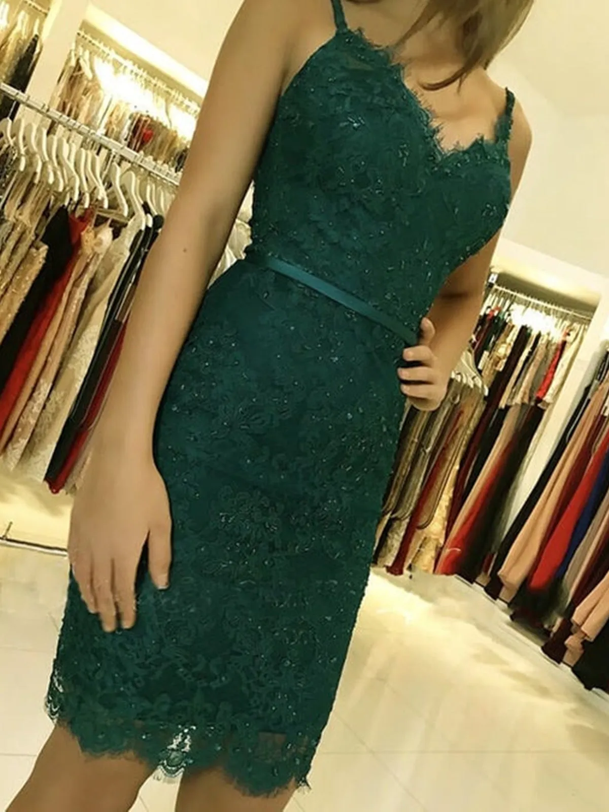 Open Back Mermaid Dark Green Lace Short Prom Homecoming Dresses, Dark Green Lace Formal Graduation Evening Dresses