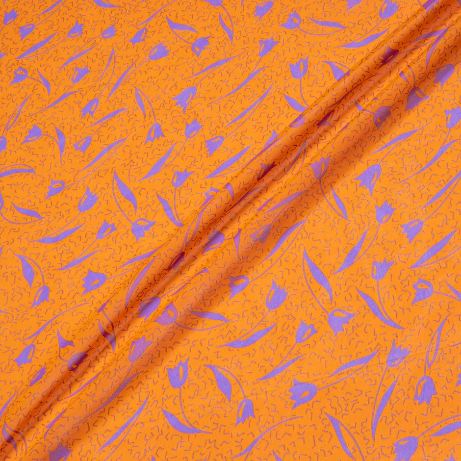 Purple Tulip Printed Orange Pure Silk Georgette