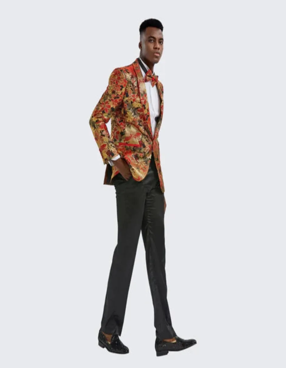 Red & Gold Floral Tuxedo Jacket Slim Fit