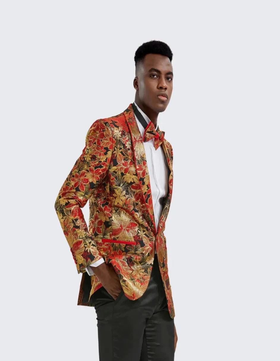 Red & Gold Floral Tuxedo Jacket Slim Fit