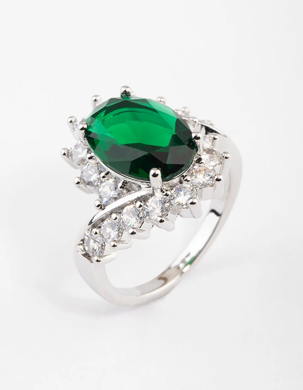 Rhodium Cubic Zirconia Vintage Green Oval Ring