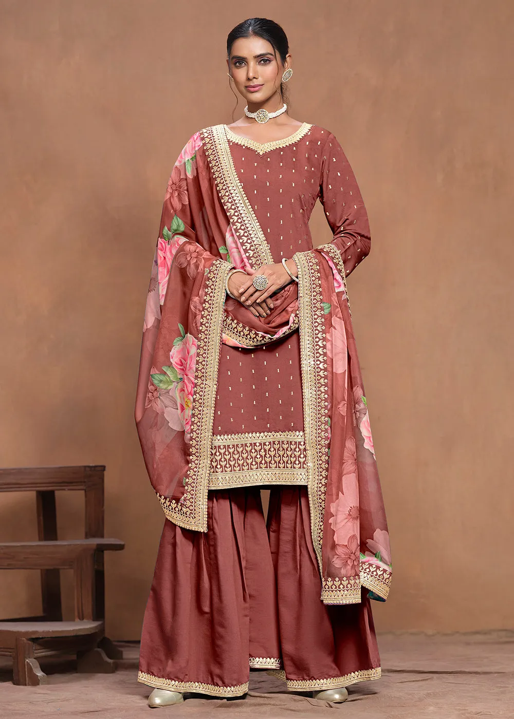 Roman Silk Rust Embroidered Festive Gharara Suit