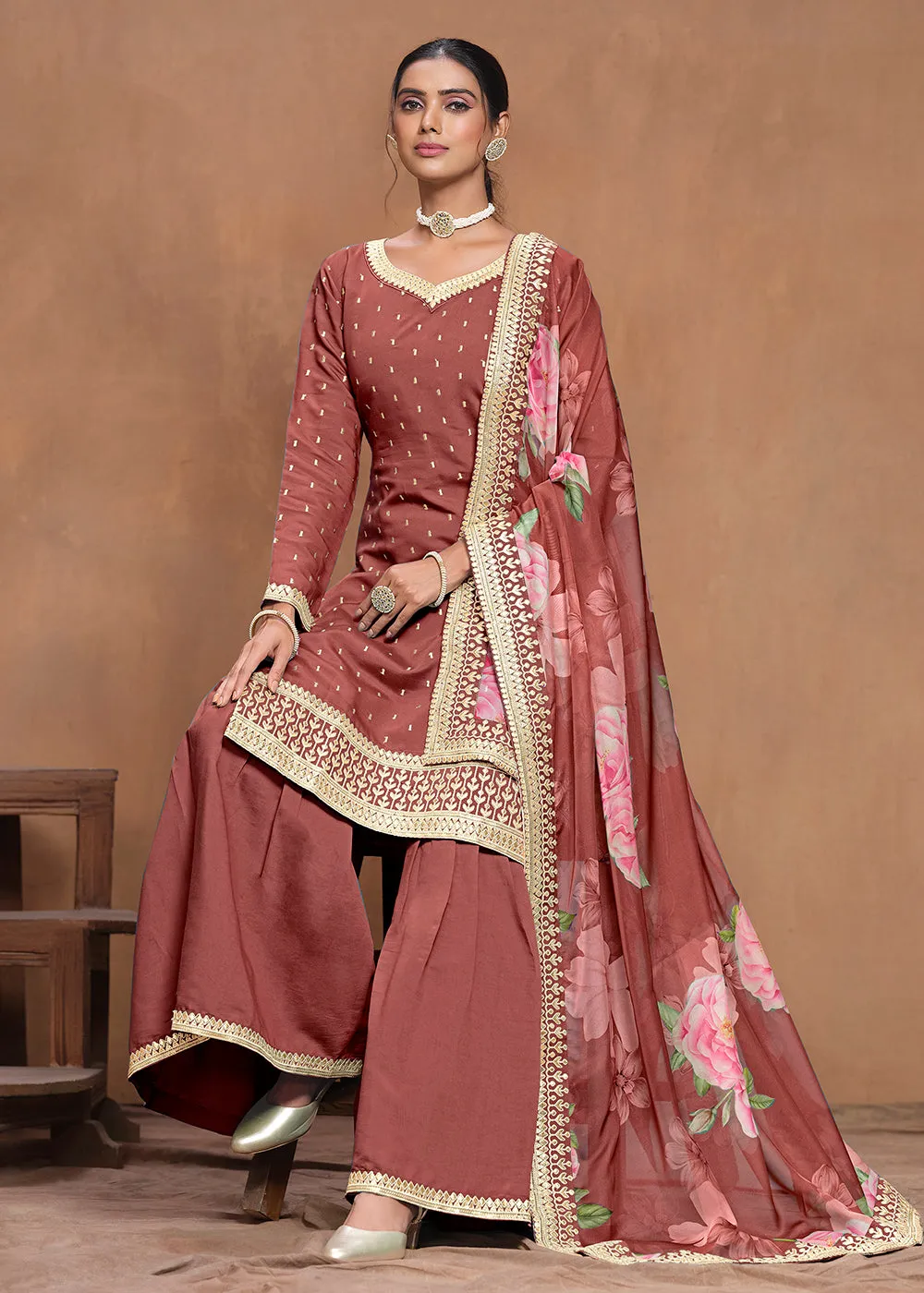 Roman Silk Rust Embroidered Festive Gharara Suit