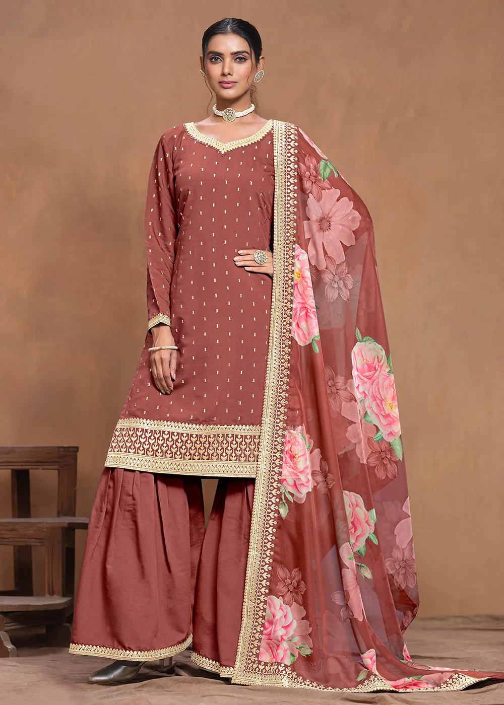 Roman Silk Rust Embroidered Festive Gharara Suit