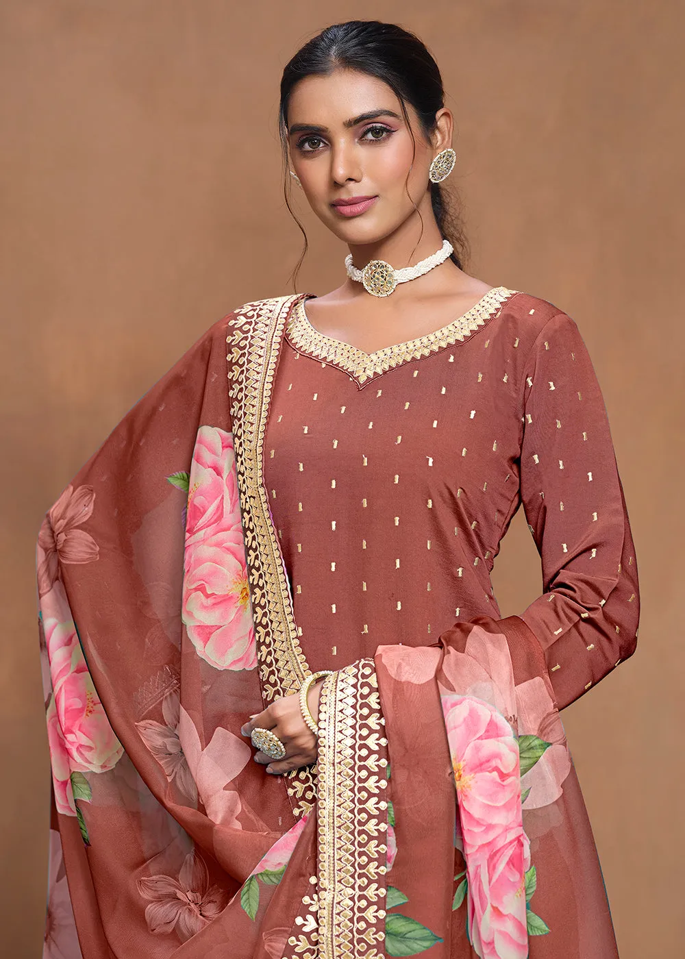 Roman Silk Rust Embroidered Festive Gharara Suit