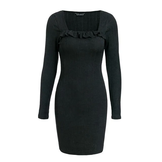 Ruffles Square Neck Knitted Sweater Dress