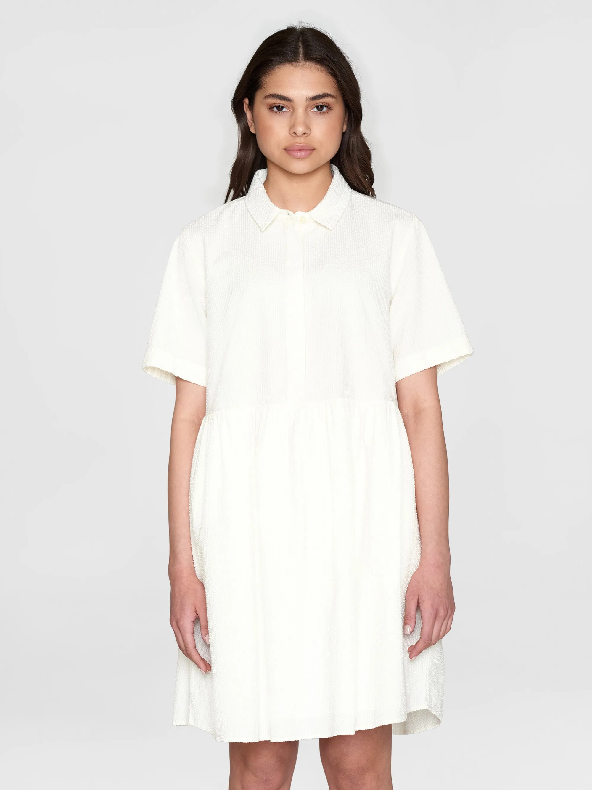 Seersucker short shirt dress - Egret