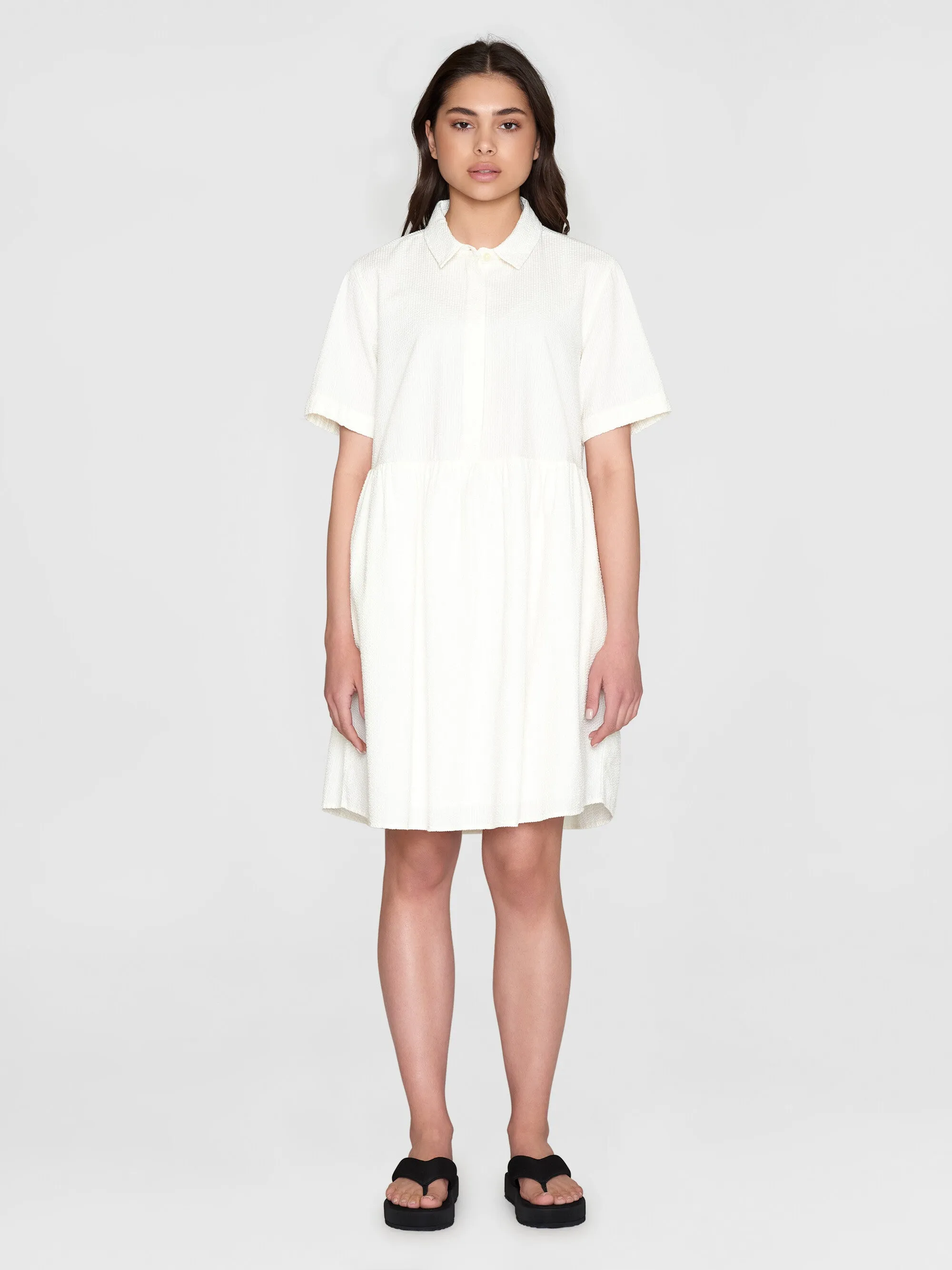 Seersucker short shirt dress - Egret