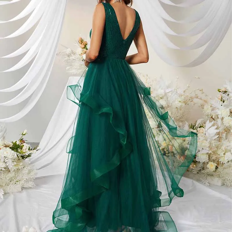 Sequin Body-con Dress In Dark Green Tulle Prom Dress