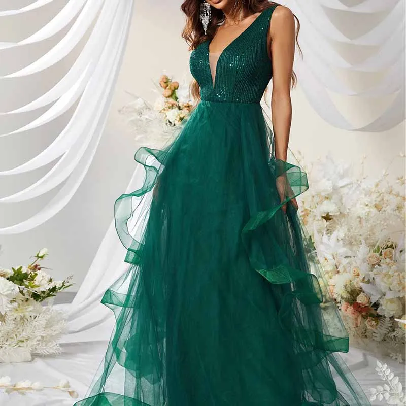 Sequin Body-con Dress In Dark Green Tulle Prom Dress