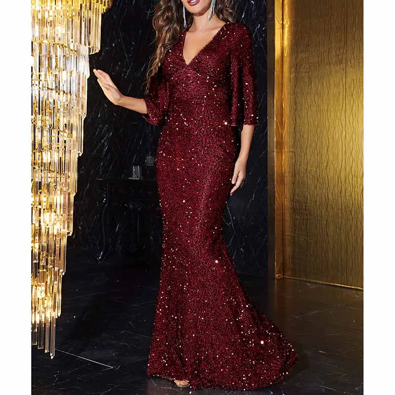 Sequin Burgundy Gown Short Sleeves V Neck Evening Event Dress