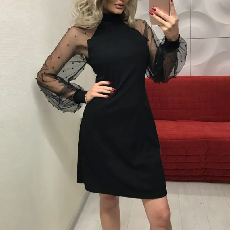 Sexy Lace Pearls Long Sleeve Mesh Beading Dress