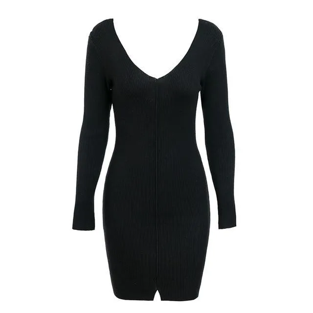 Sexy V Neck Knitted Sweater Split Long Sleeve Dress