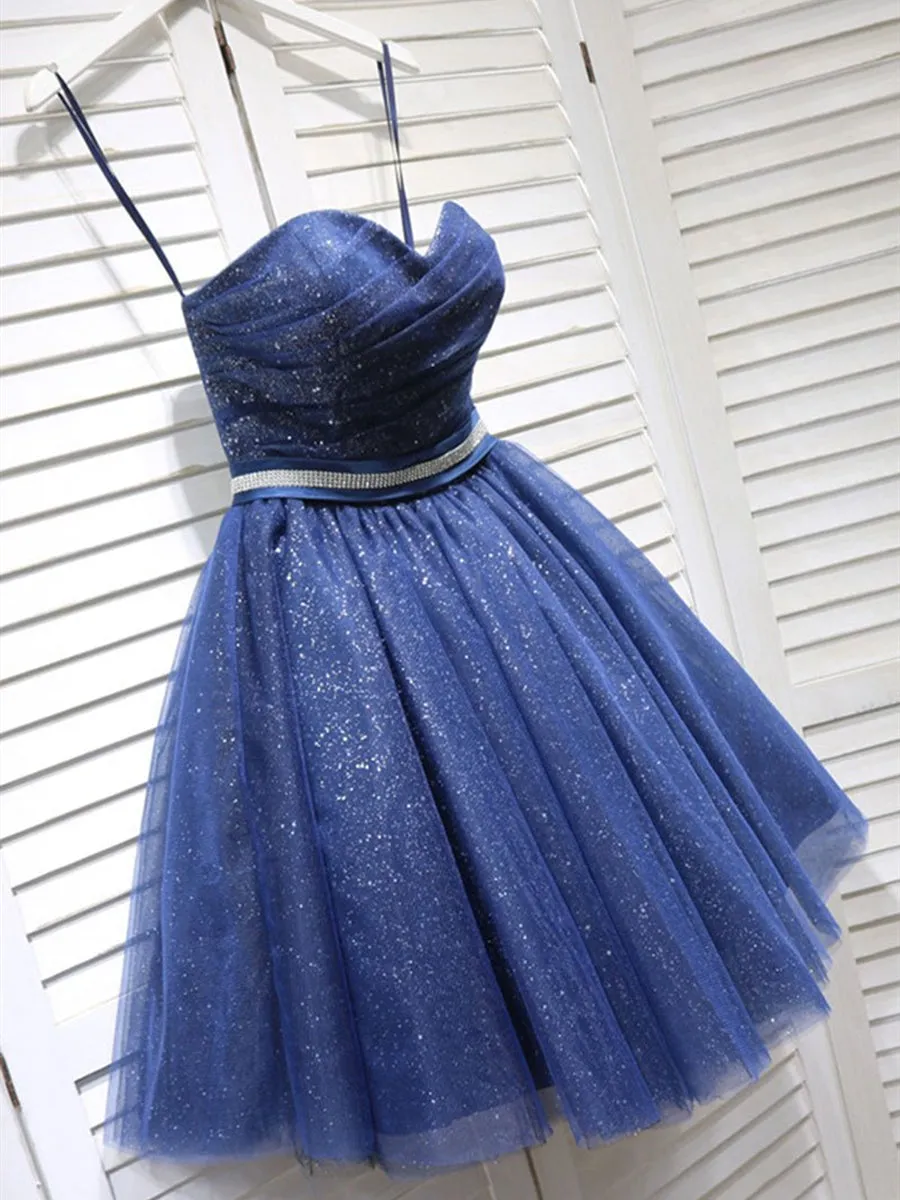 Shiny Strapless Blue Short Prom Homecoming, Short Blue Formal Graduation Evening